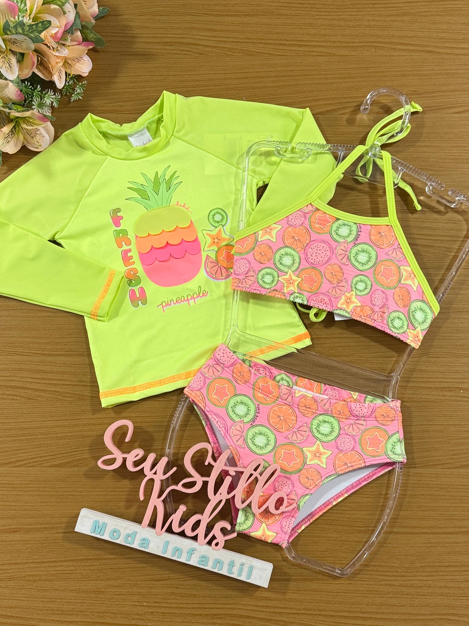Biquini Infantil Kukie Verão com Blusa Manga Longa Abacaxi