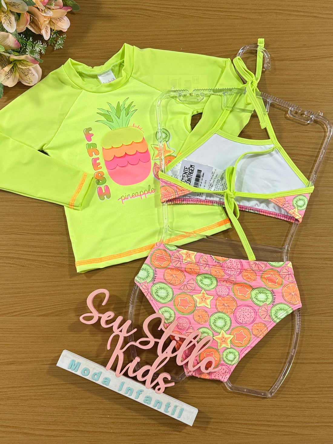 Biquini Infantil Kukie Verão com Blusa Manga Longa Abacaxi