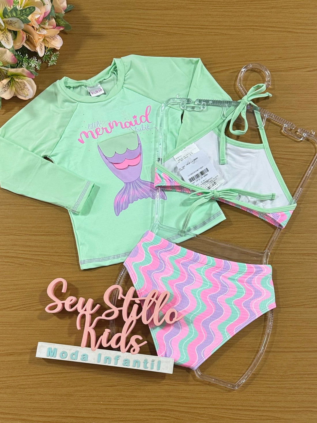 Biquini Infantil Kukie Verão com Blusa Manga Longa Sereia