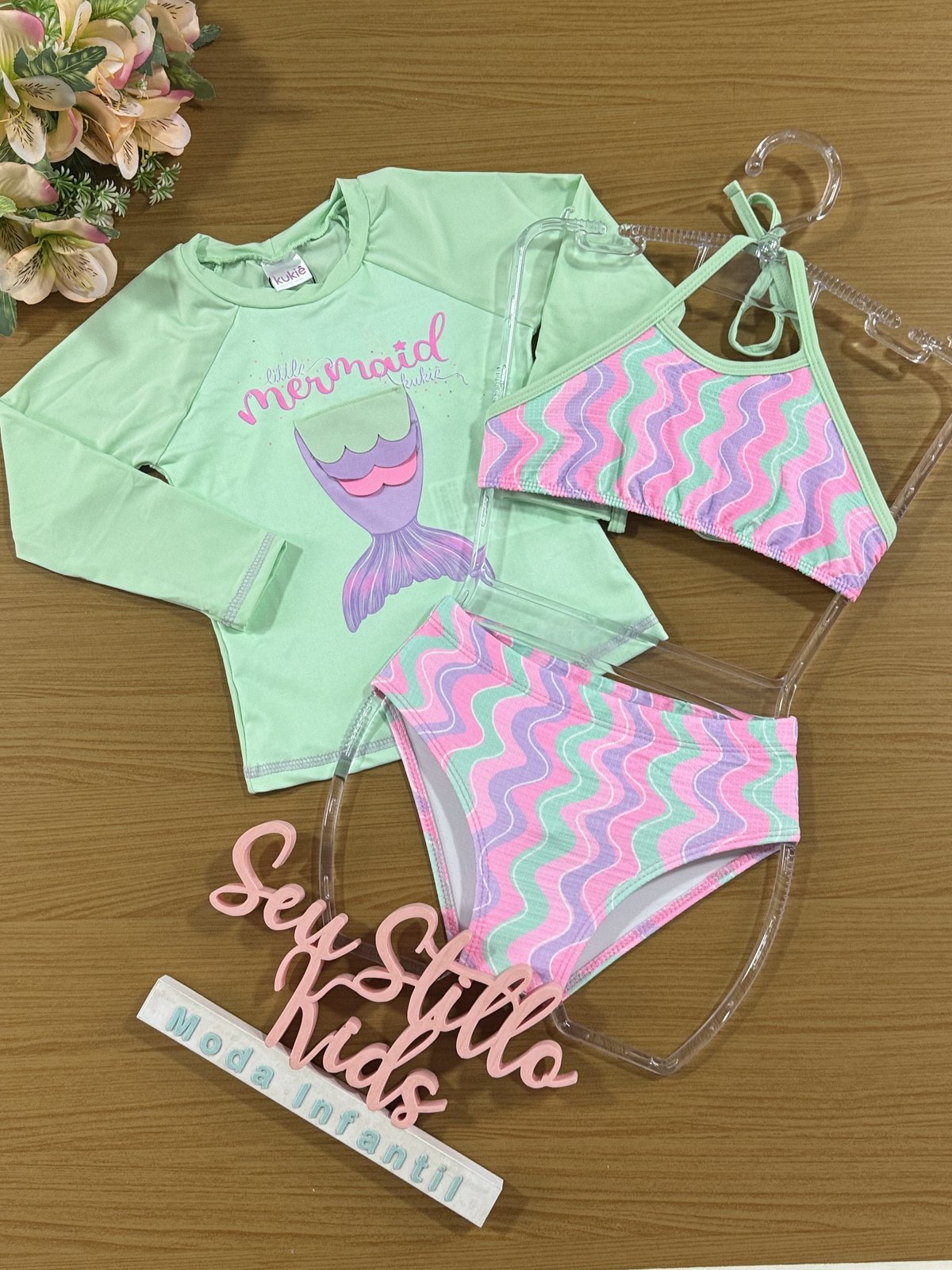 Biquini Infantil Kukie Verão com Blusa Manga Longa Sereia