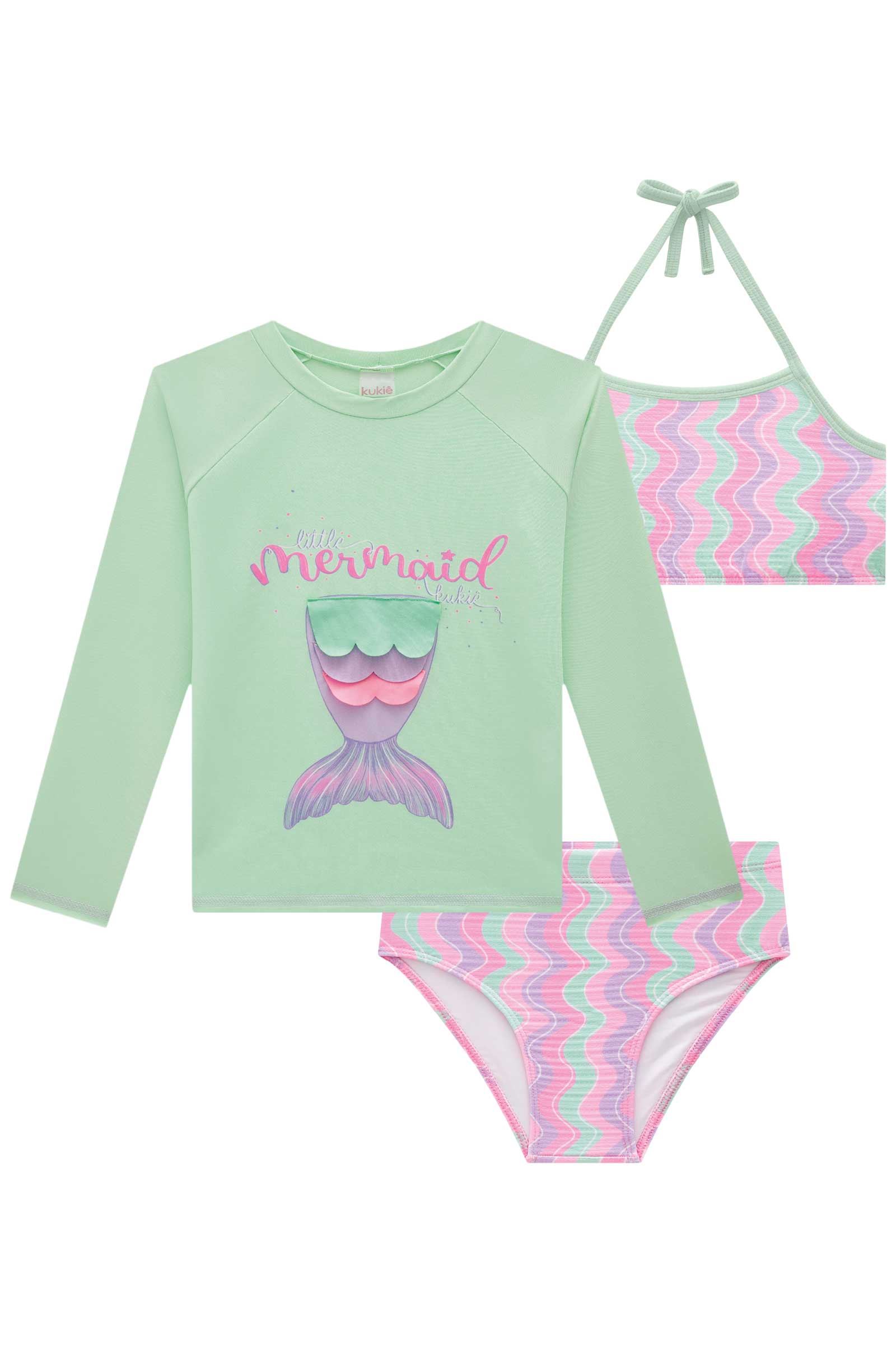Biquini Infantil Kukie Verão com Blusa Manga Longa Sereia