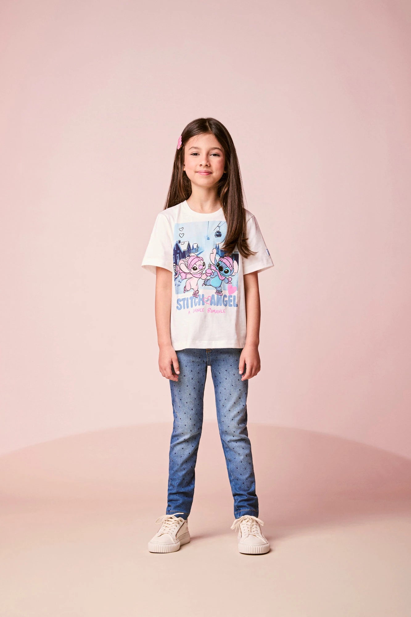 Blusa Infantil Momi Inverno Manga Curta Branca Stitch e Angel