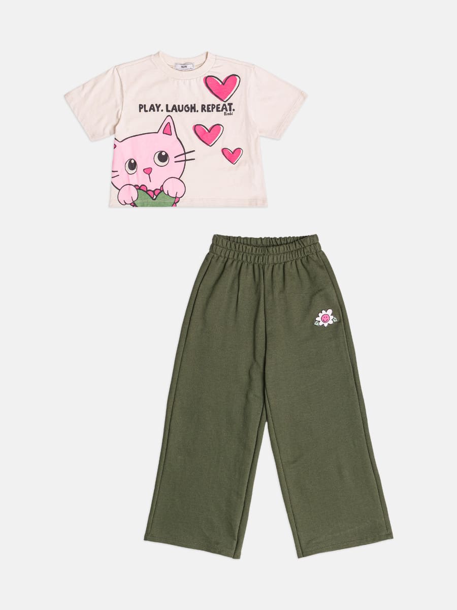 Conjunto Infantil Bimbi Inverno com Calça Verde e Blusa Bege Gatinha