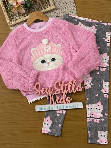 Conjunto Infantil Kukiê Inverno com Calça Legging e Moletom Rosa Gatinha
