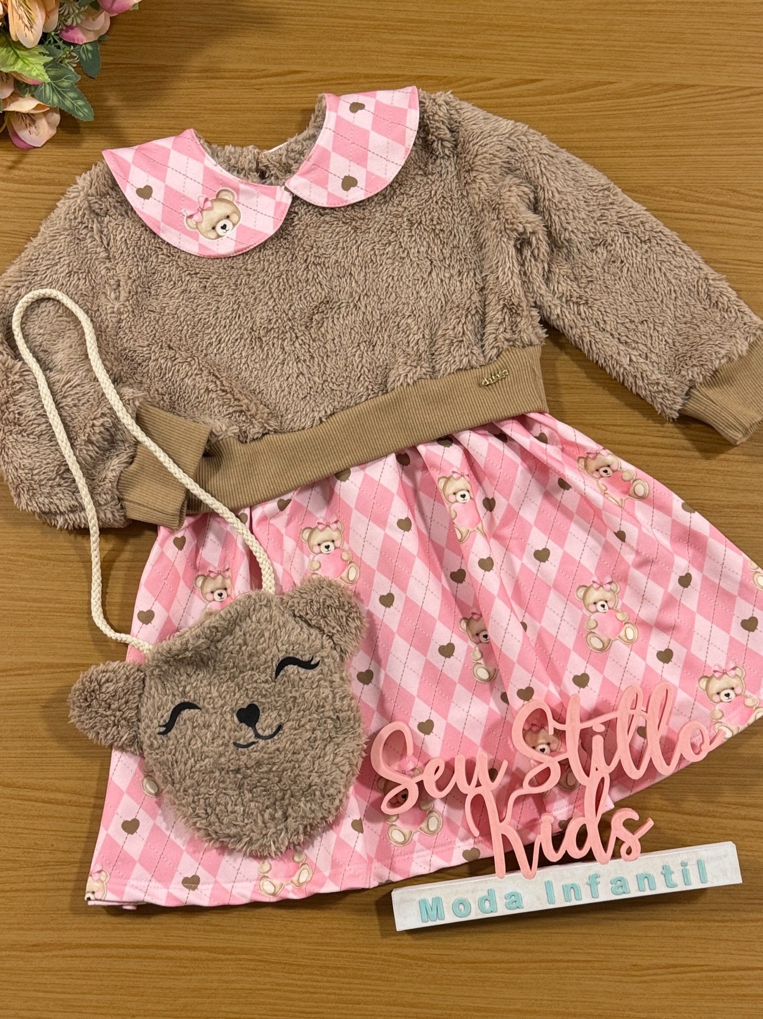 Vestido Infantil Kukie Inverno Ursinha com Bolsinha Marrom