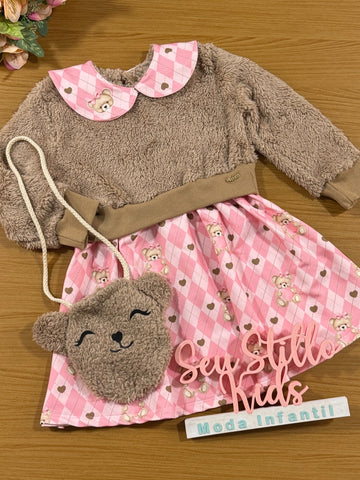 Vestido Infantil Kukie Inverno Ursinha com Bolsinha Marrom