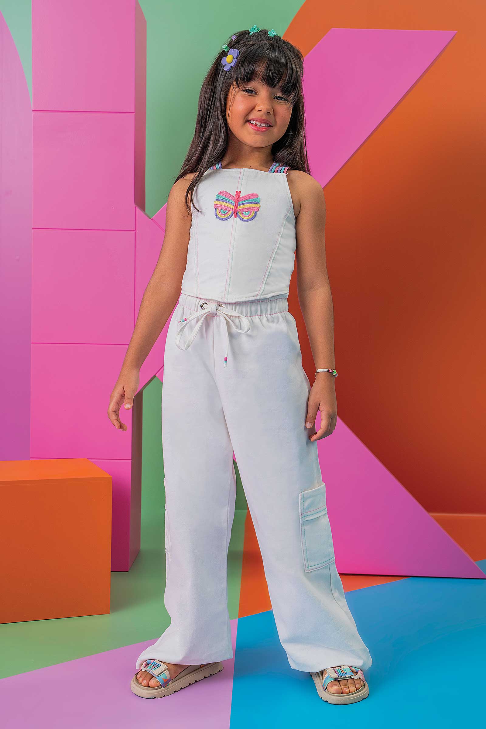 Conjunto Infantil Kukie Verão Calça e Cropped Off White Borboleta