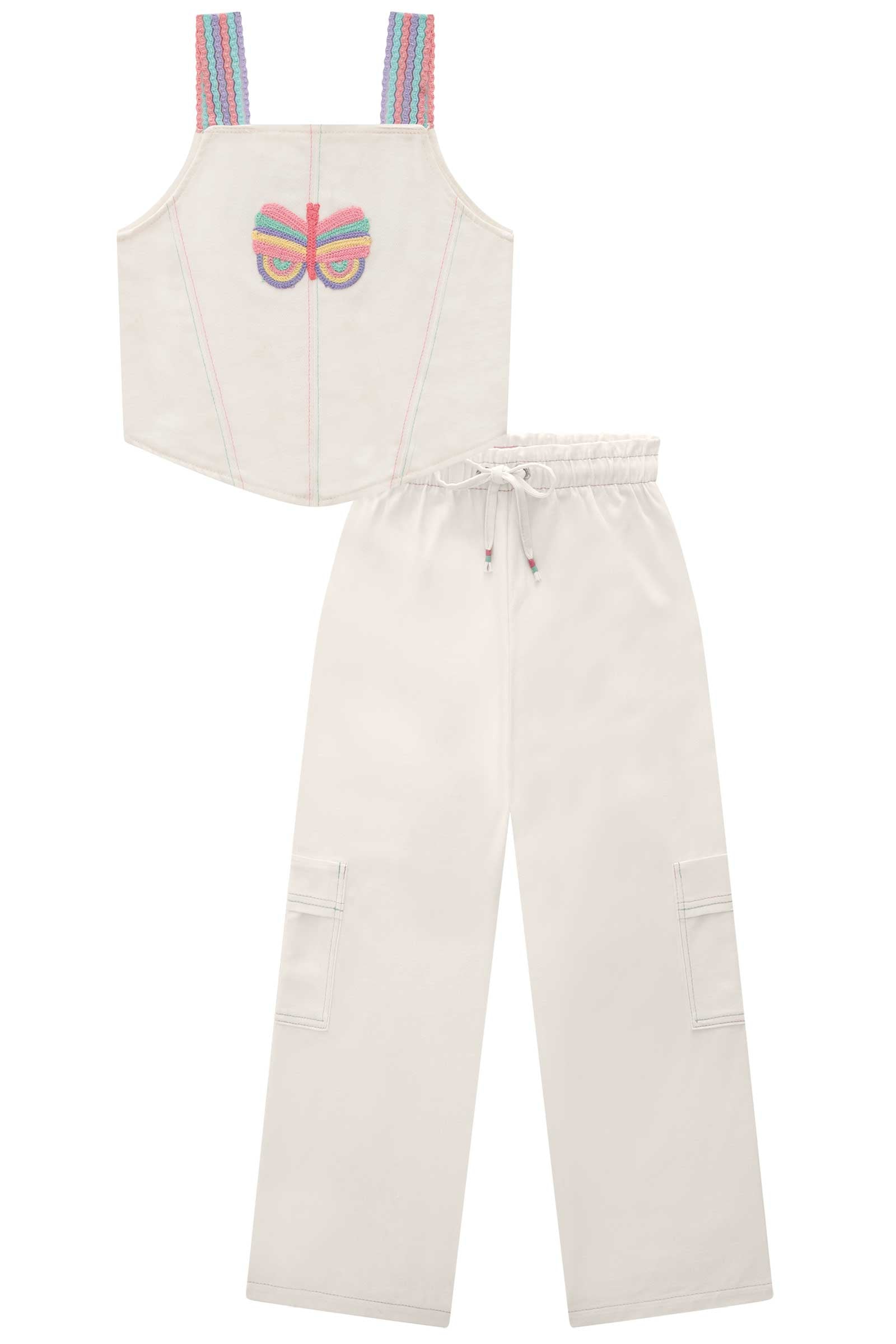 Conjunto Infantil Kukie Verão Calça e Cropped Off White Borboleta