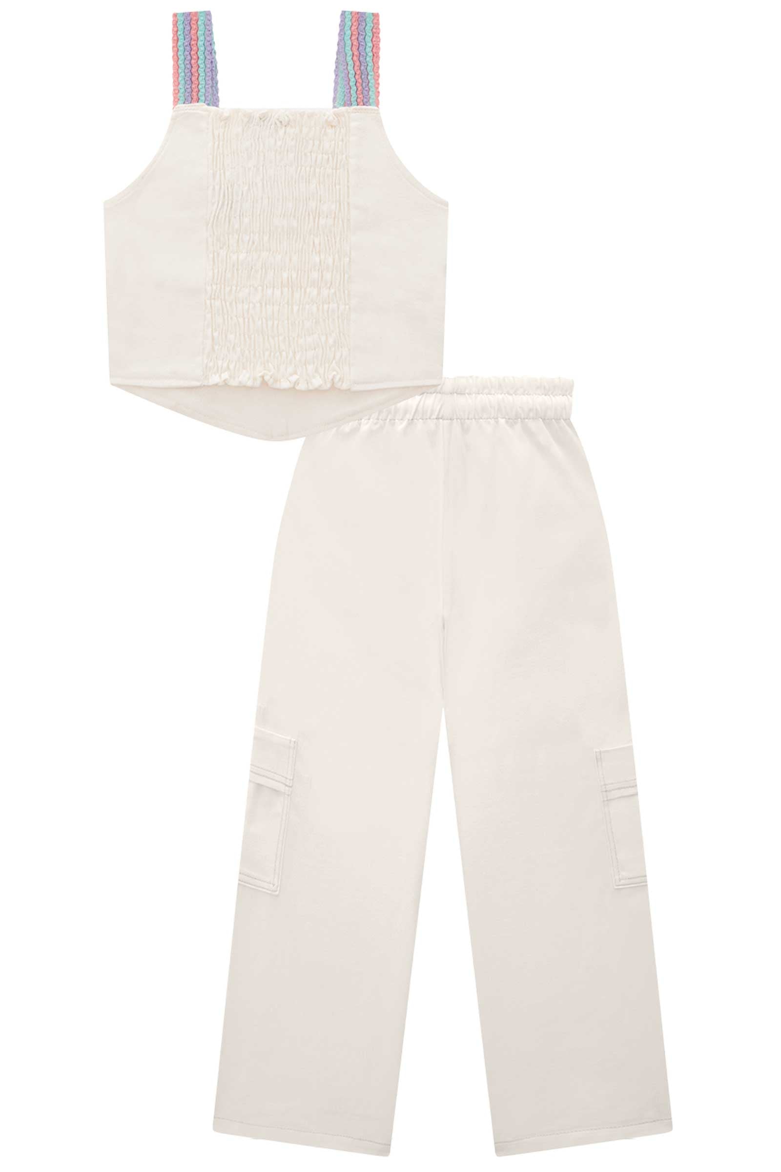Conjunto Infantil Kukie Verão Calça e Cropped Off White Borboleta