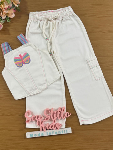 Conjunto Infantil Kukie Verão Calça e Cropped Off White Borboleta
