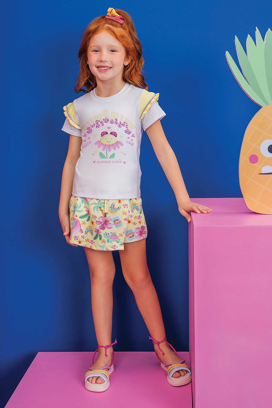 Conjunto Infantil Kukie Verão Shorts Saia Amarelo e Blusa Sunshine