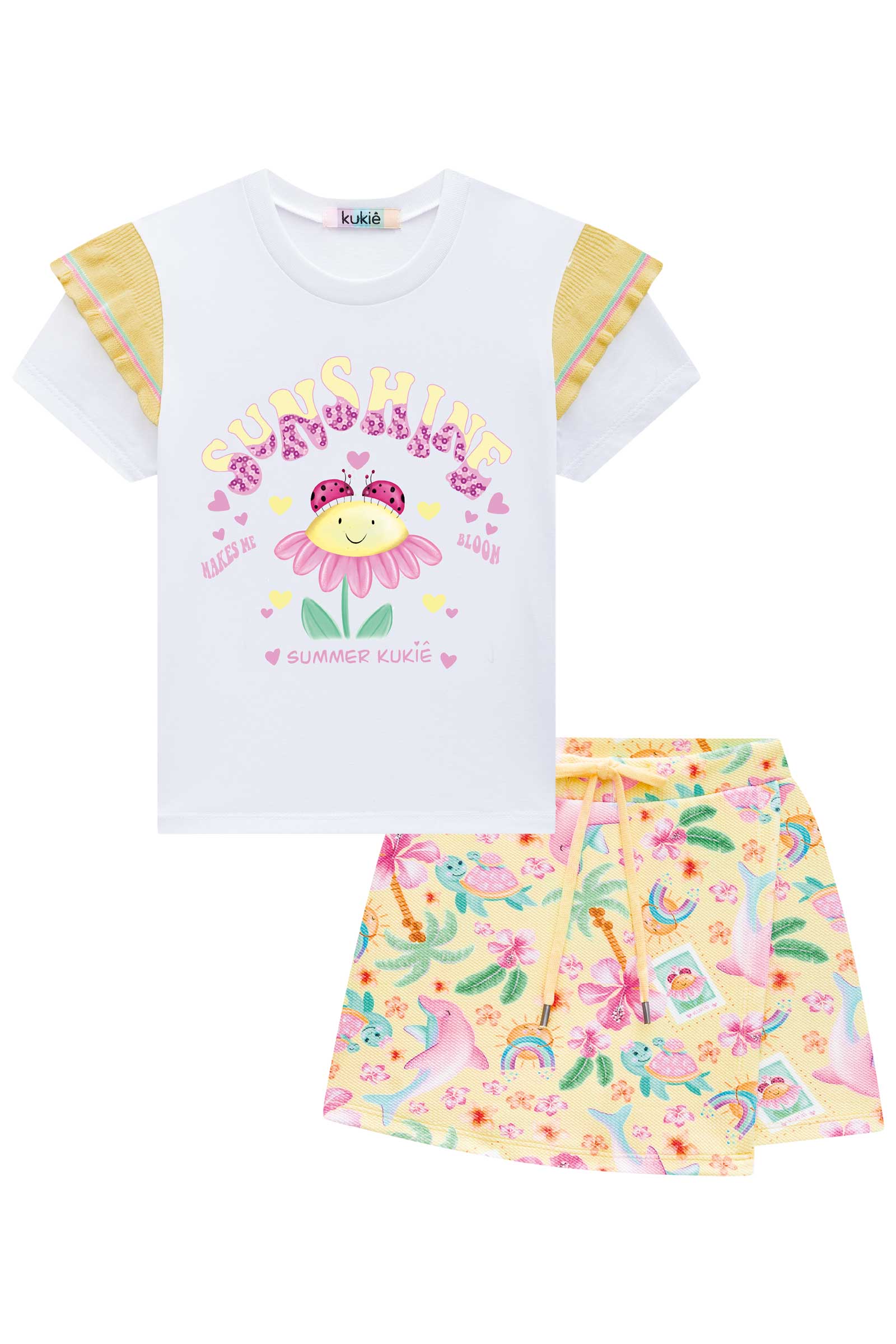 Conjunto Infantil Kukie Verão Shorts Saia Amarelo e Blusa Sunshine