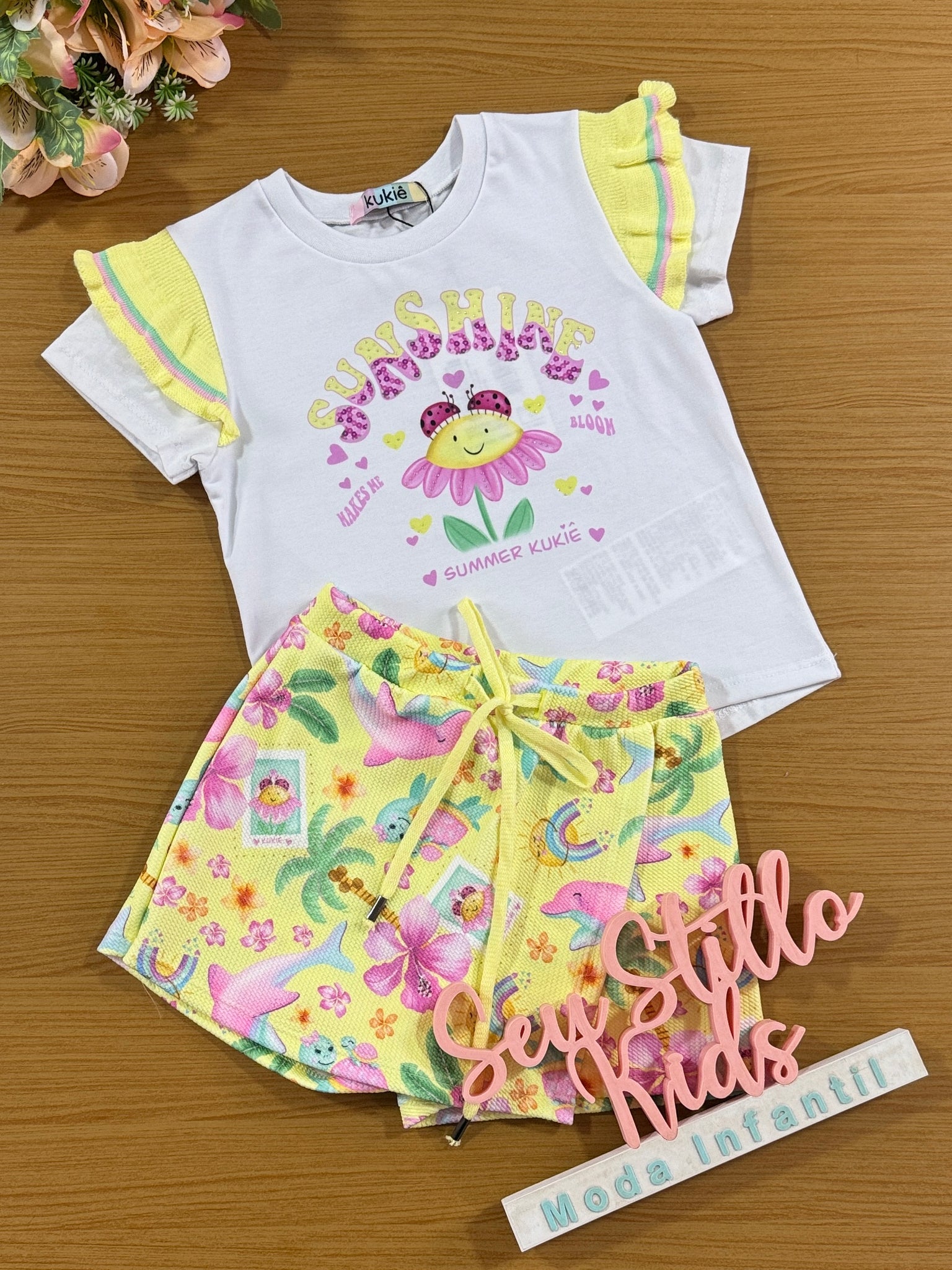 Conjunto Infantil Kukie Verão Shorts Saia Amarelo e Blusa Sunshine