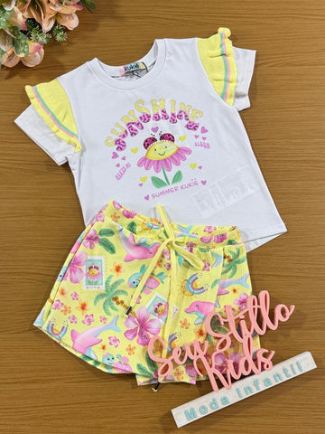 Conjunto Infantil Kukie Verão Shorts Saia Amarelo e Blusa Sunshine