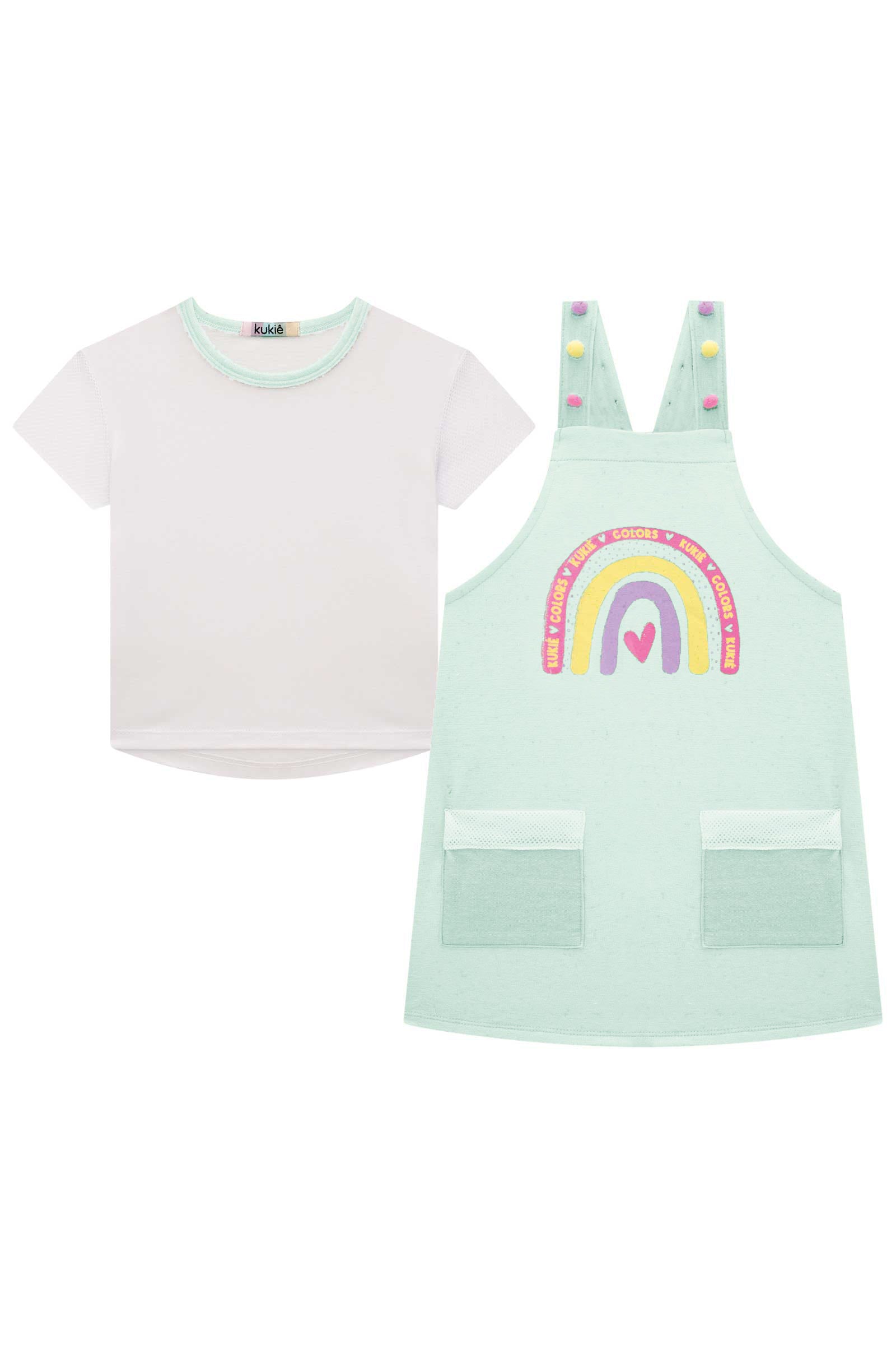 Salopete Infantil Kukie Verão Verde Arco Íris com Blusa