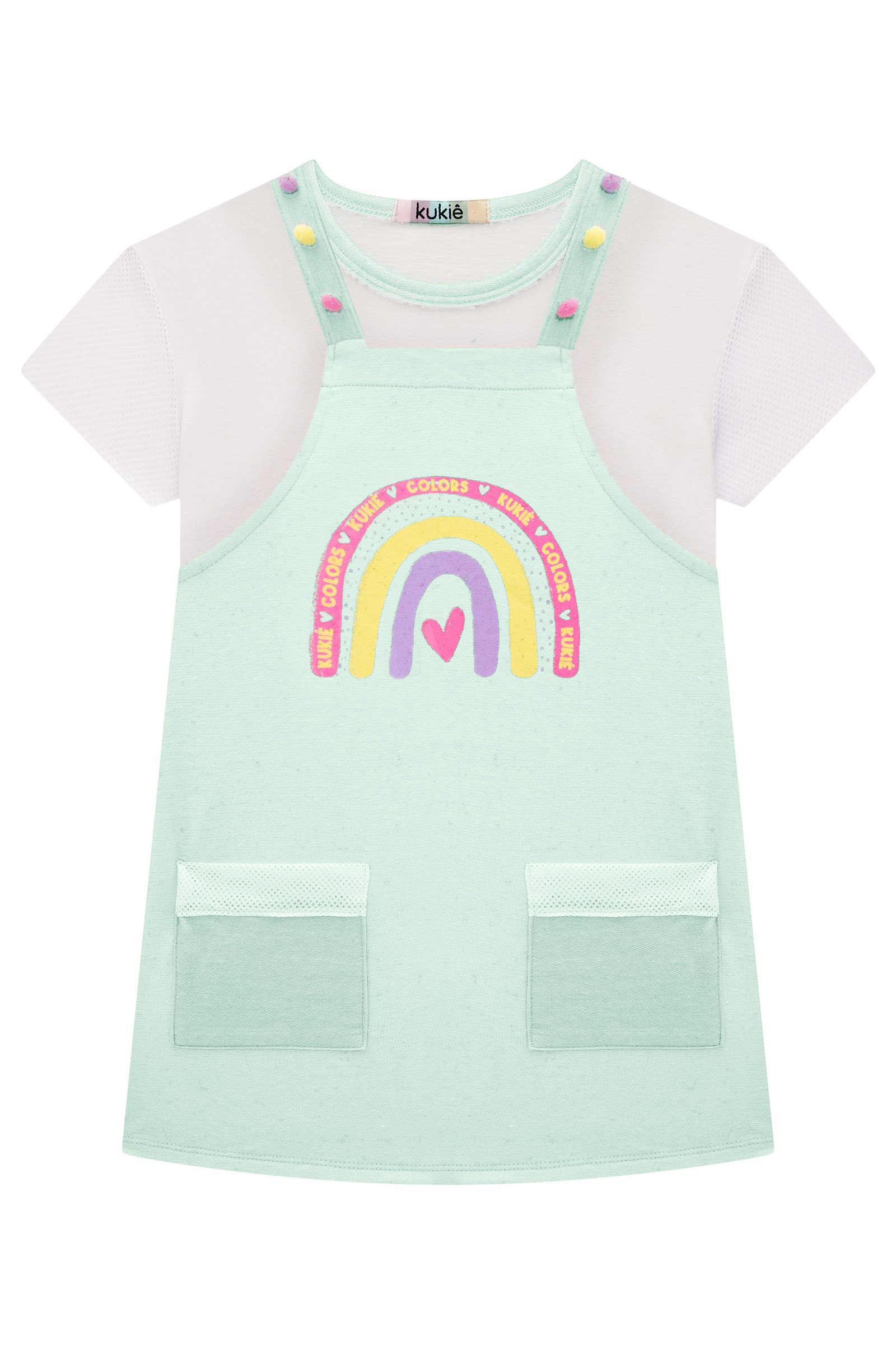 Salopete Infantil Kukie Verão Verde Arco Íris com Blusa