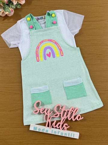Salopete Infantil Kukie Verão Verde Arco Íris com Blusa