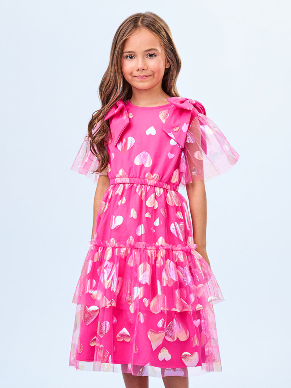 Vestido Infantil Animê Verão Tule Corações Pink