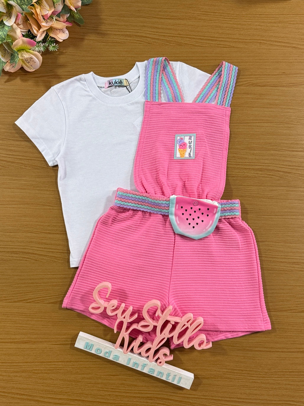 Jardineira Infantil Kukie Verão Rosa Melancia com Blusa