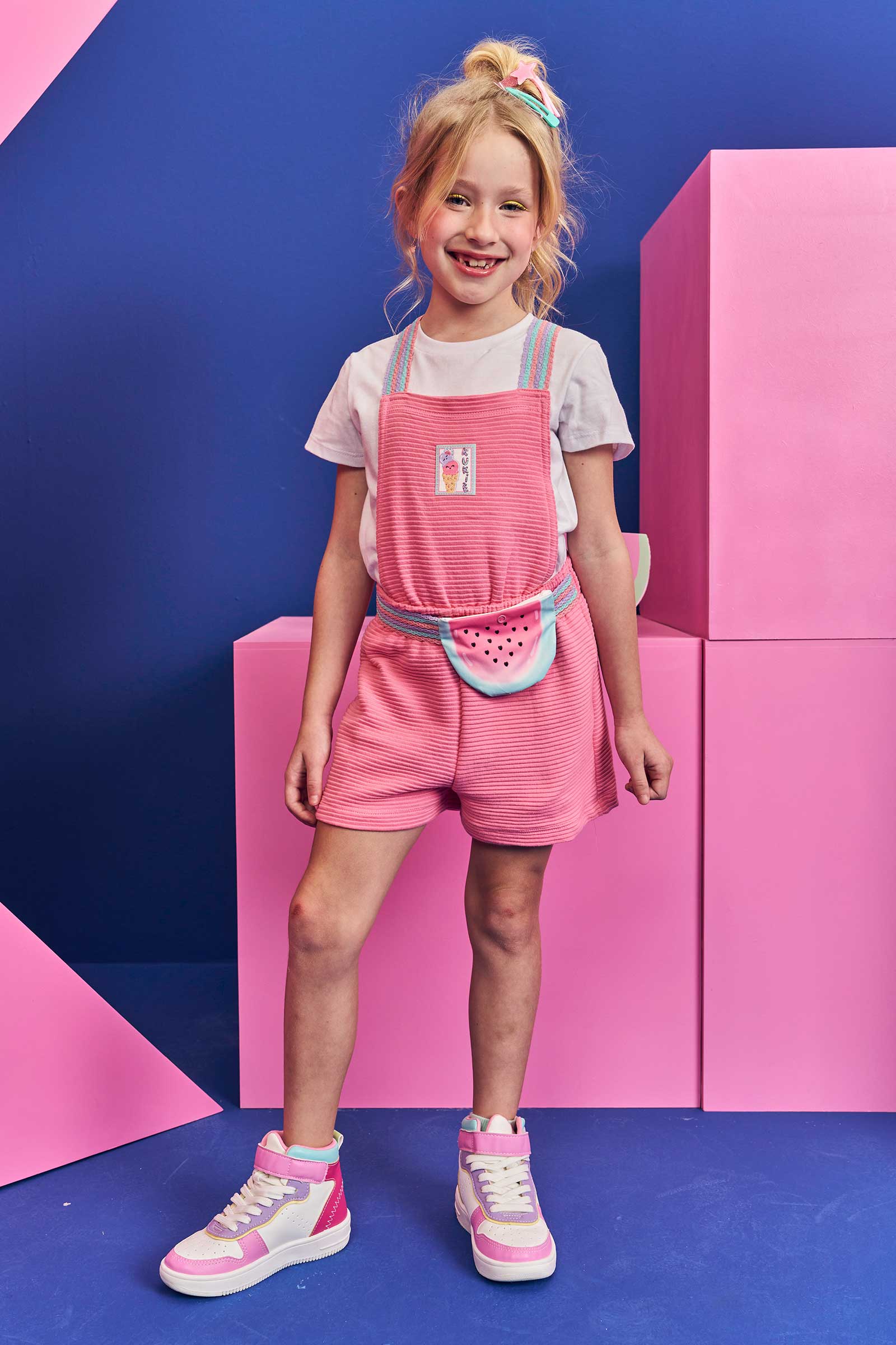 Jardineira Infantil Kukie Verão Rosa Melancia com Blusa