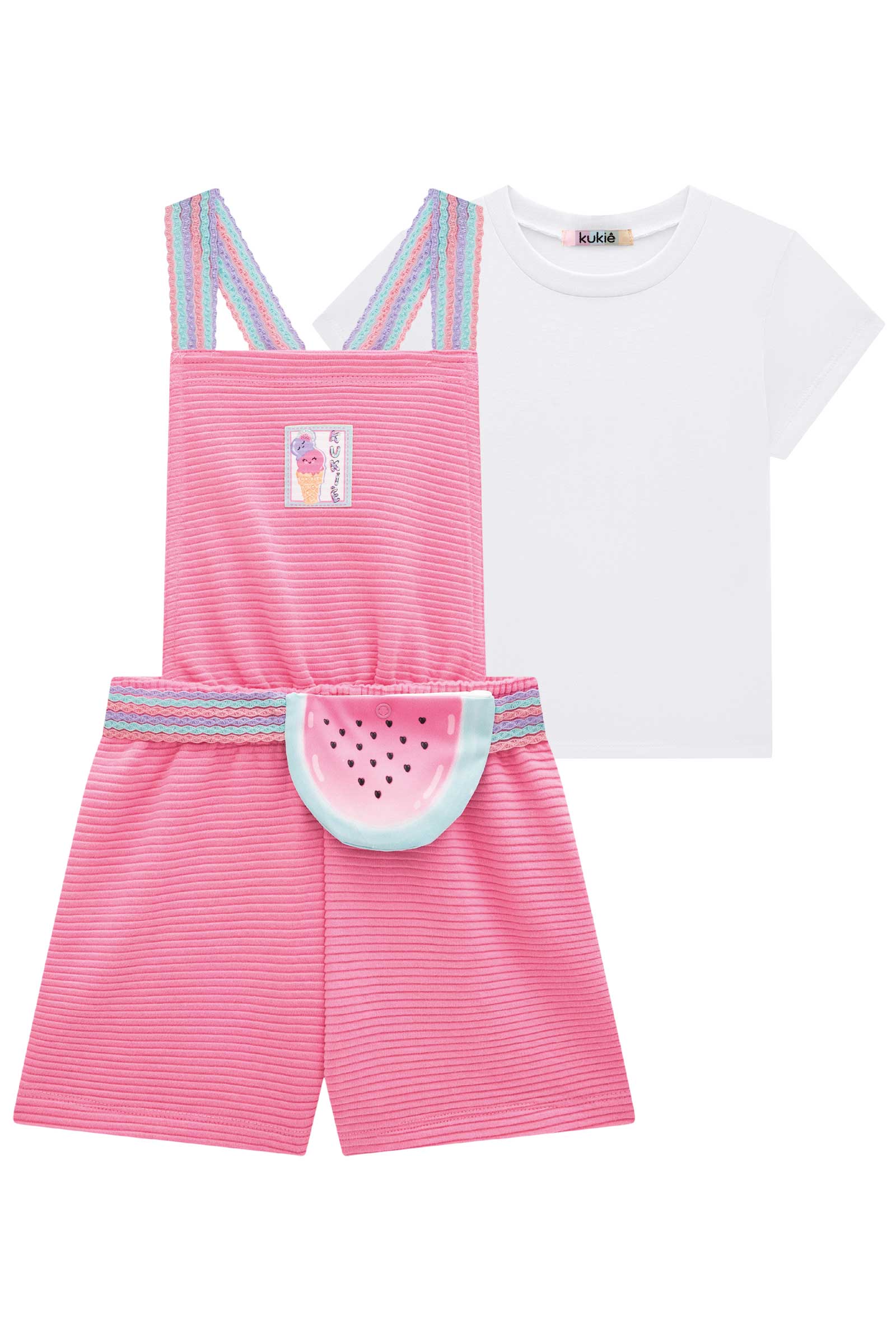 Jardineira Infantil Kukie Verão Rosa Melancia com Blusa