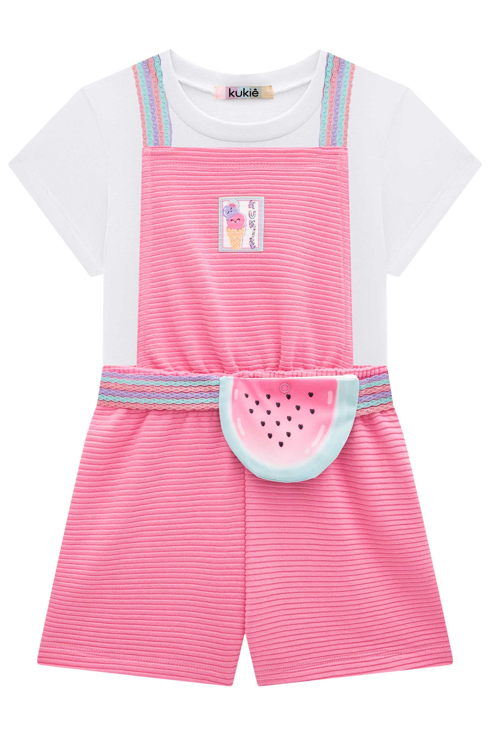Jardineira Infantil Kukie Verão Rosa Melancia com Blusa