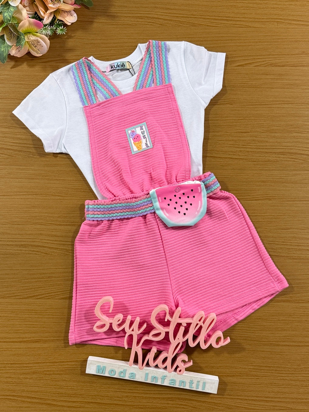 Jardineira Infantil Kukie Verão Rosa Melancia com Blusa