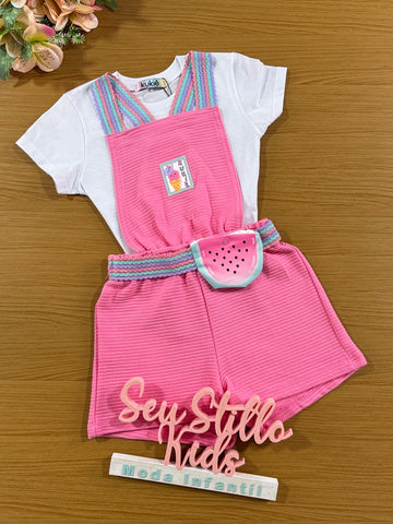 Jardineira Infantil Kukie Verão Rosa Melancia com Blusa