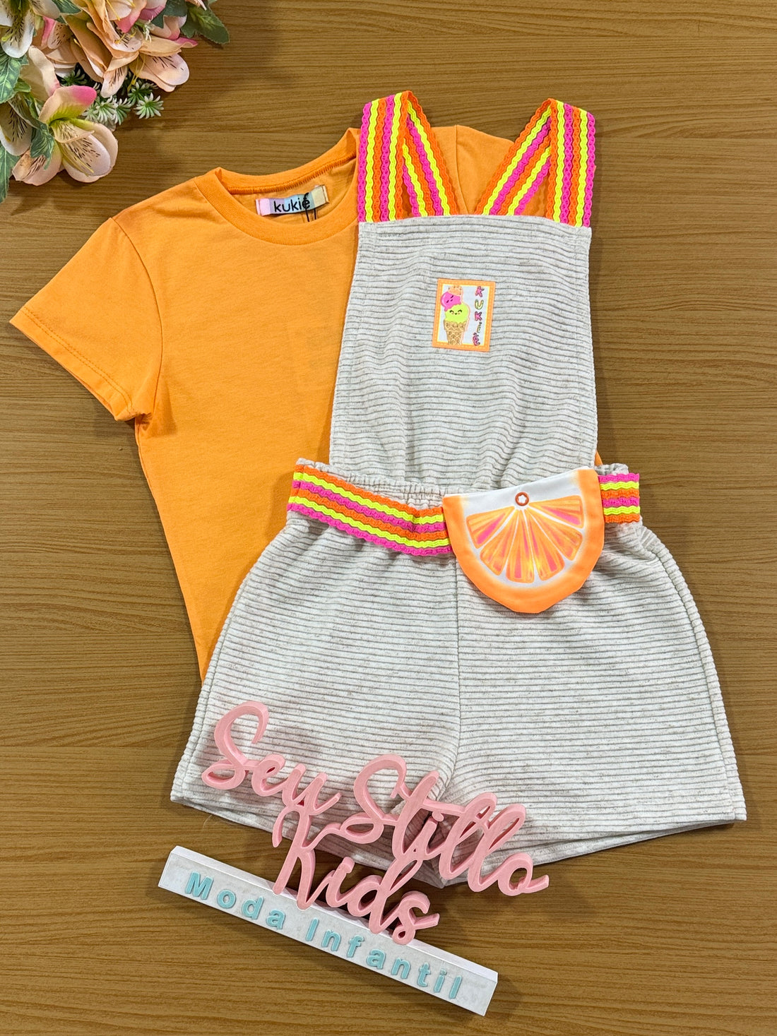 Jardineira Infantil Kukie Verão Laranja com Blusa