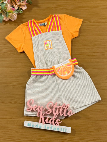Jardineira Infantil Kukie Verão Laranja com Blusa