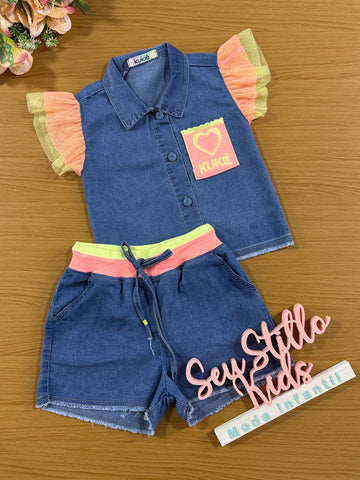 Conjunto Infantil Kukie Verão Shorts e Camisa Boxy Jeans