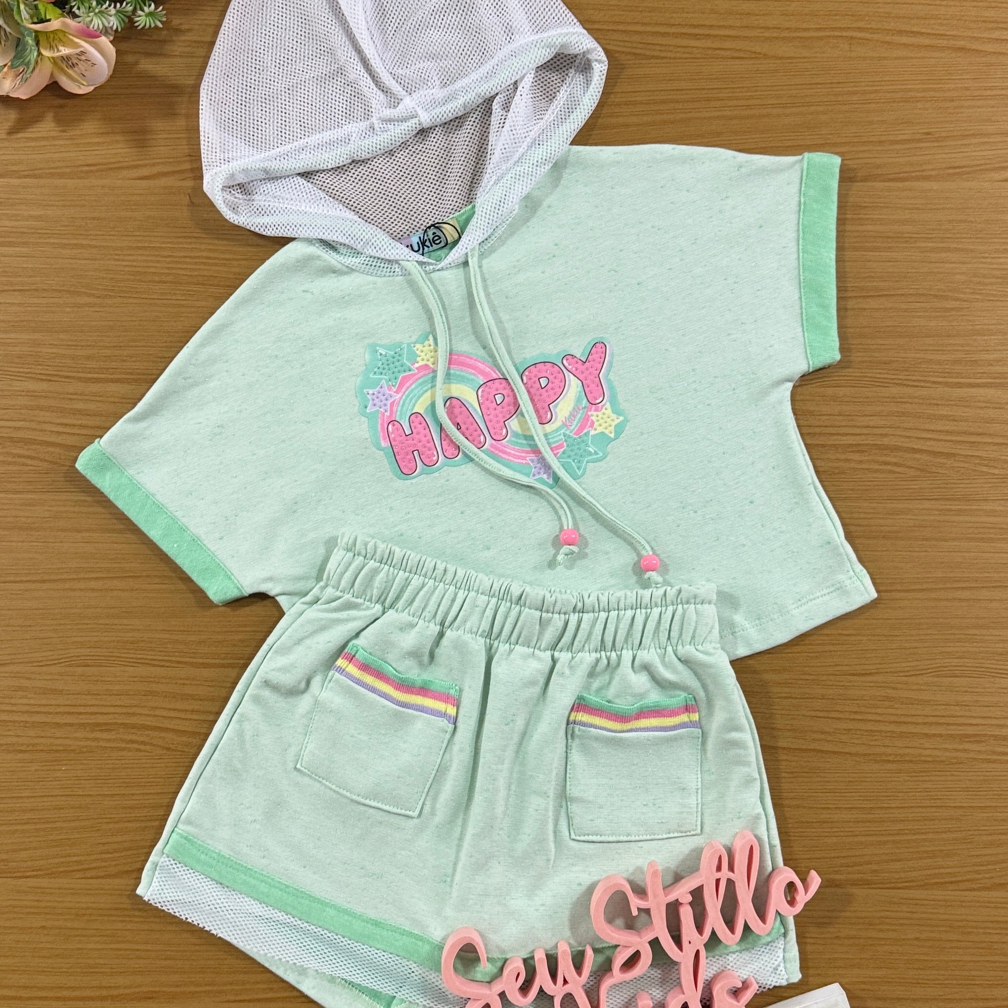 Conjunto Infantil Kukie Verão Shorts Saia e Blusa Boxy Verde Happy