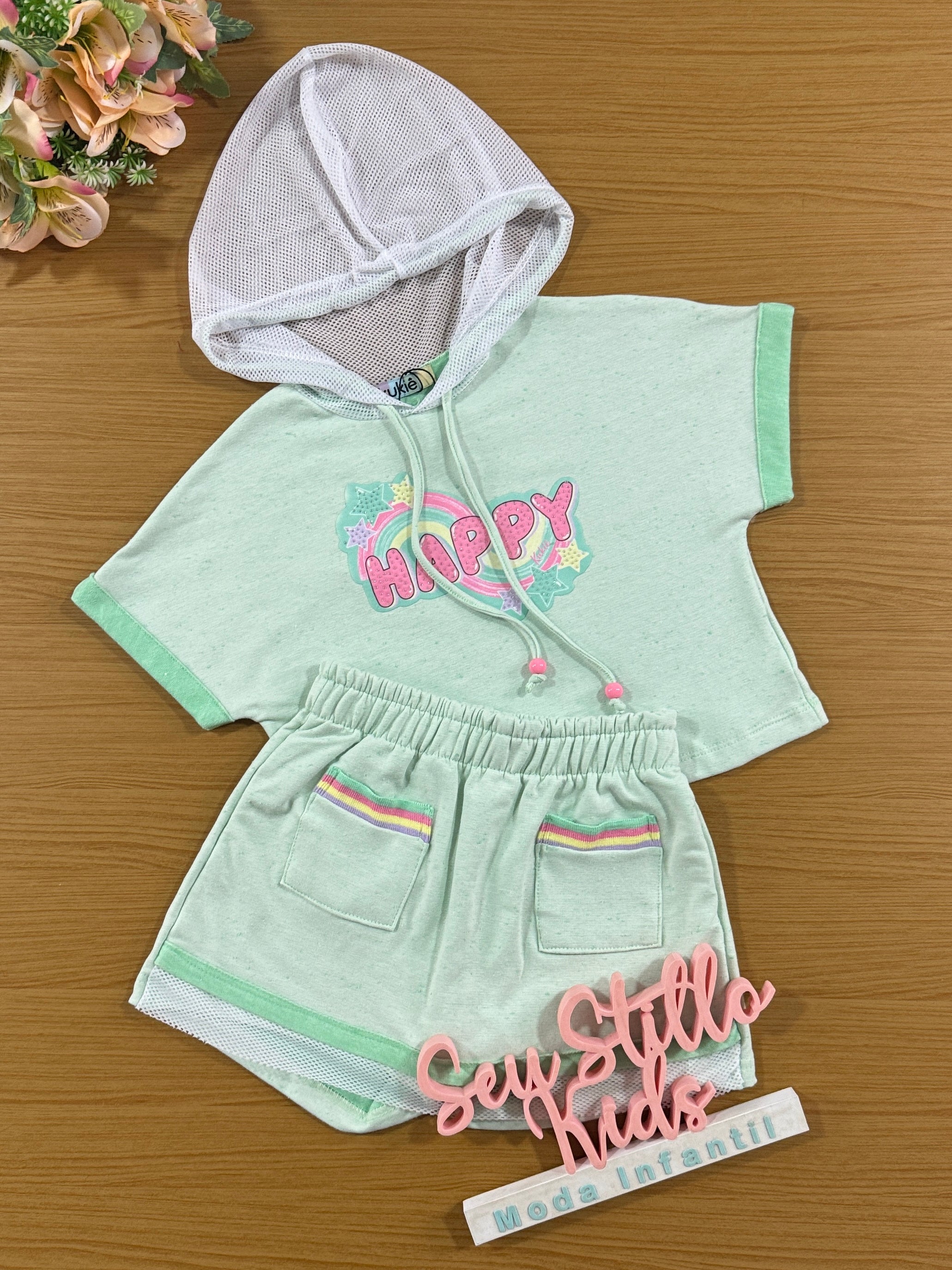 Conjunto Infantil Kukie Verão Shorts Saia e Blusa Boxy Verde Happy