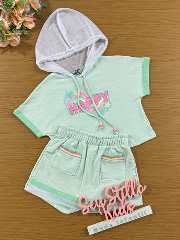 Conjunto Infantil Kukie Verão Shorts Saia e Blusa Boxy Verde Happy