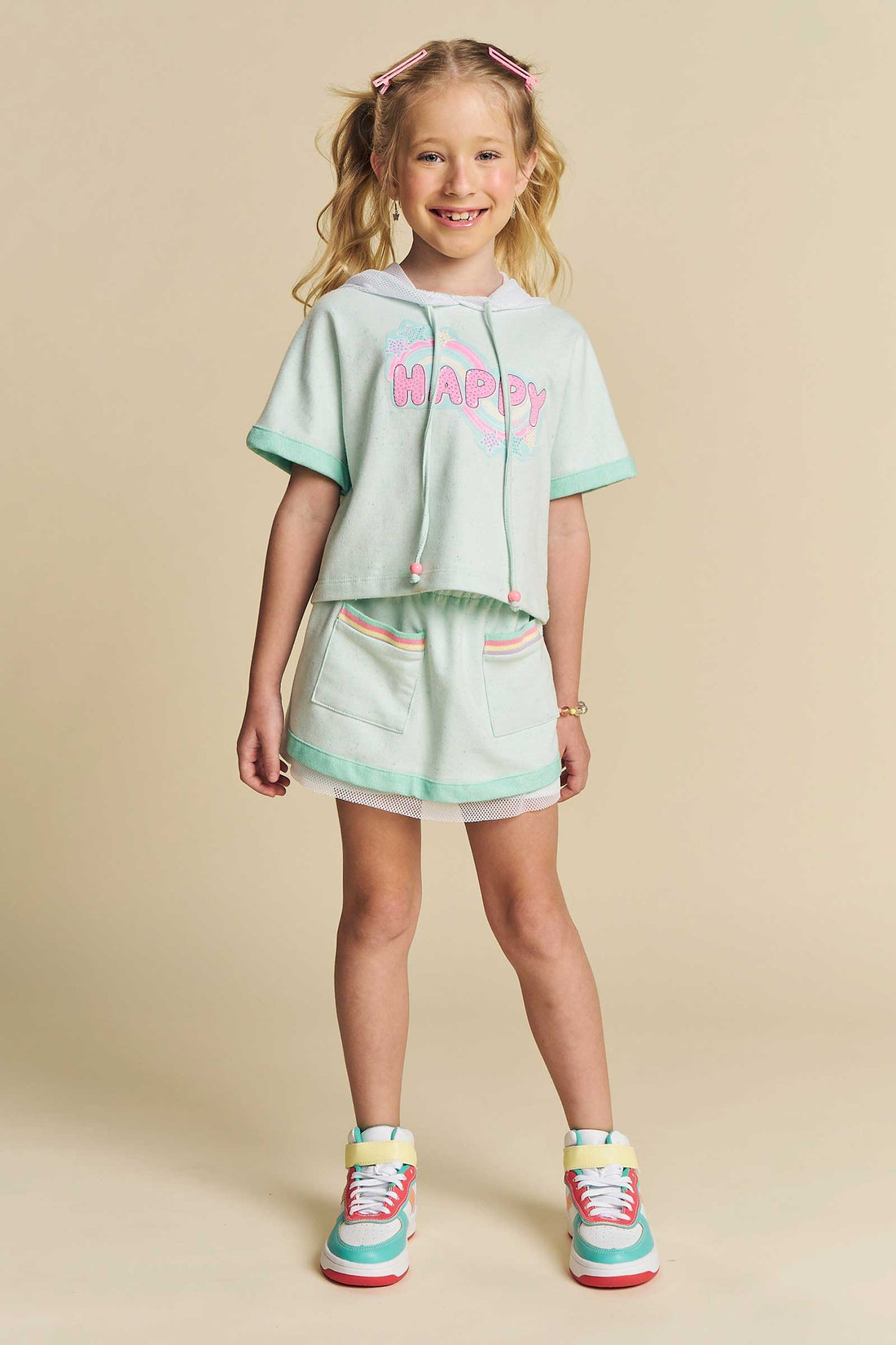 Conjunto Infantil Kukie Verão Shorts Saia e Blusa Boxy Verde Happy