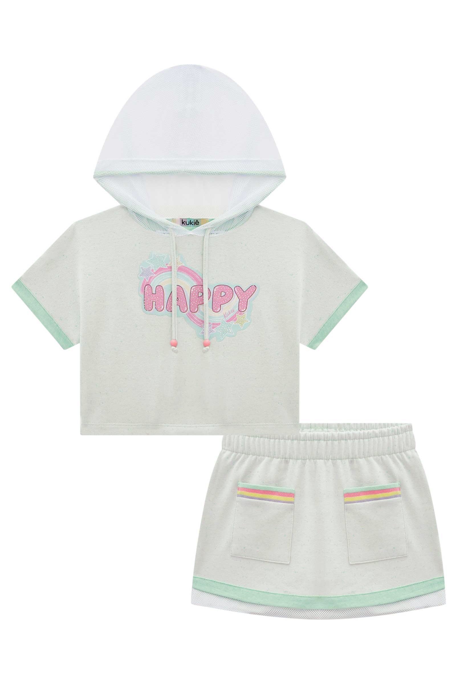 Conjunto Infantil Kukie Verão Shorts Saia e Blusa Boxy Verde Happy