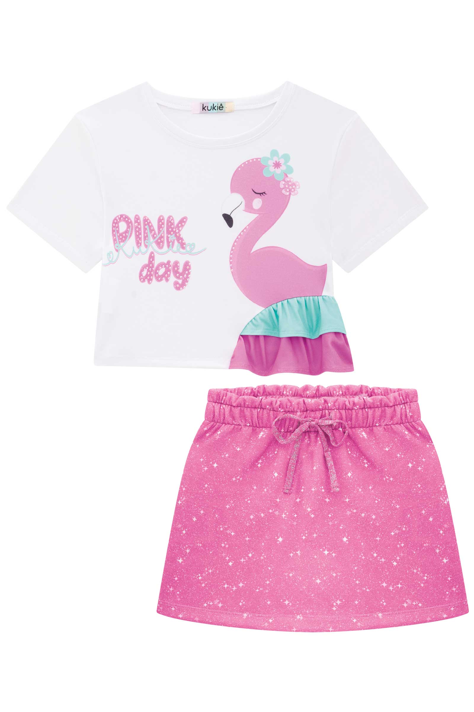 Conjunto Infantil Kukie Verão Shorts Saia e Blusa Flamingo