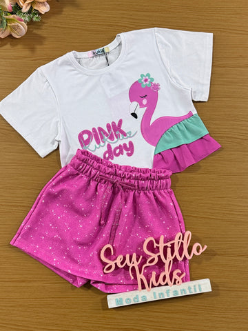 Conjunto Infantil Kukie Verão Shorts Saia e Blusa Flamingo