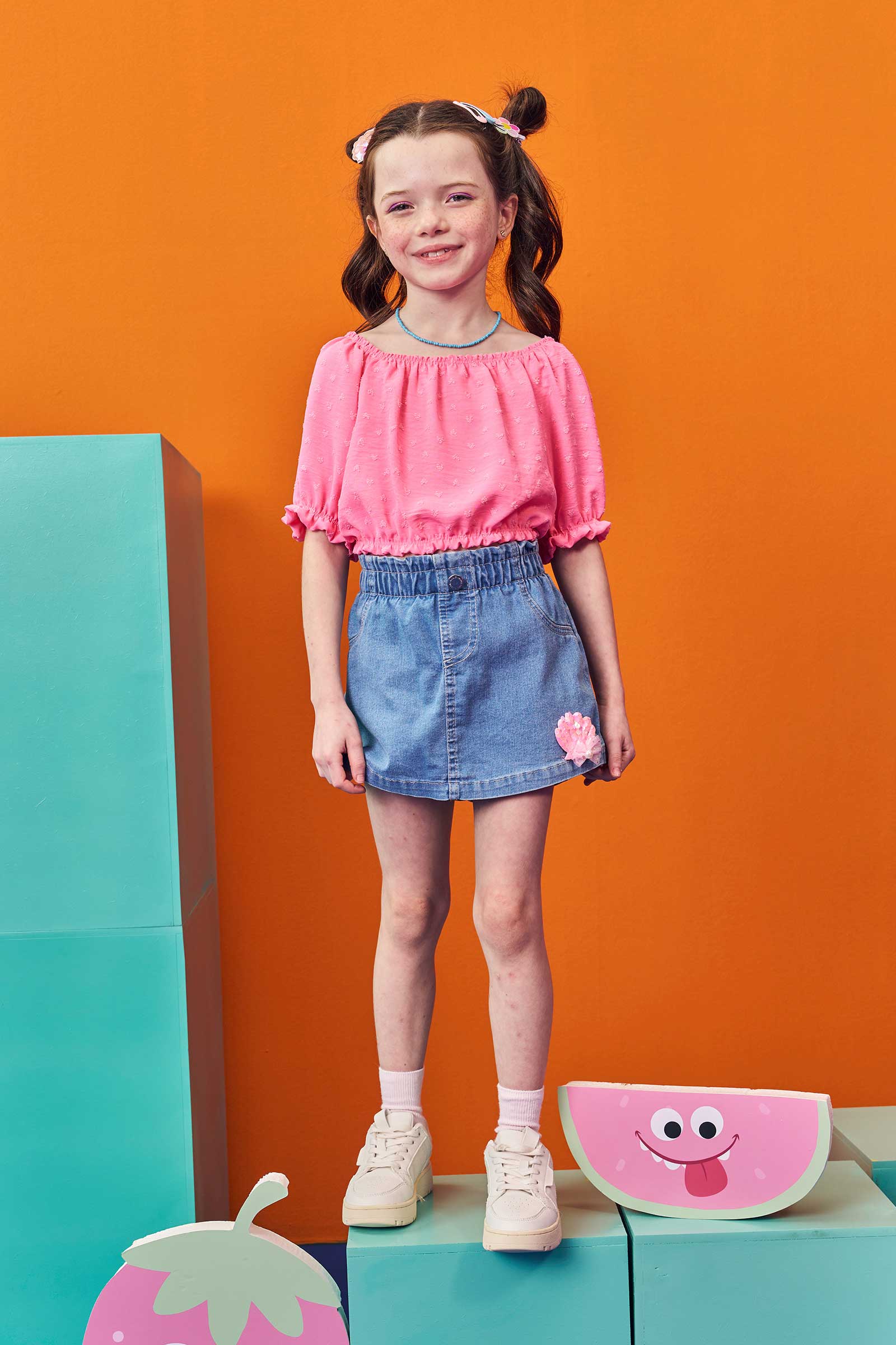 Conjunto Infantil Kukie Verão Shorts Saia Jeans e Blusa Rosa