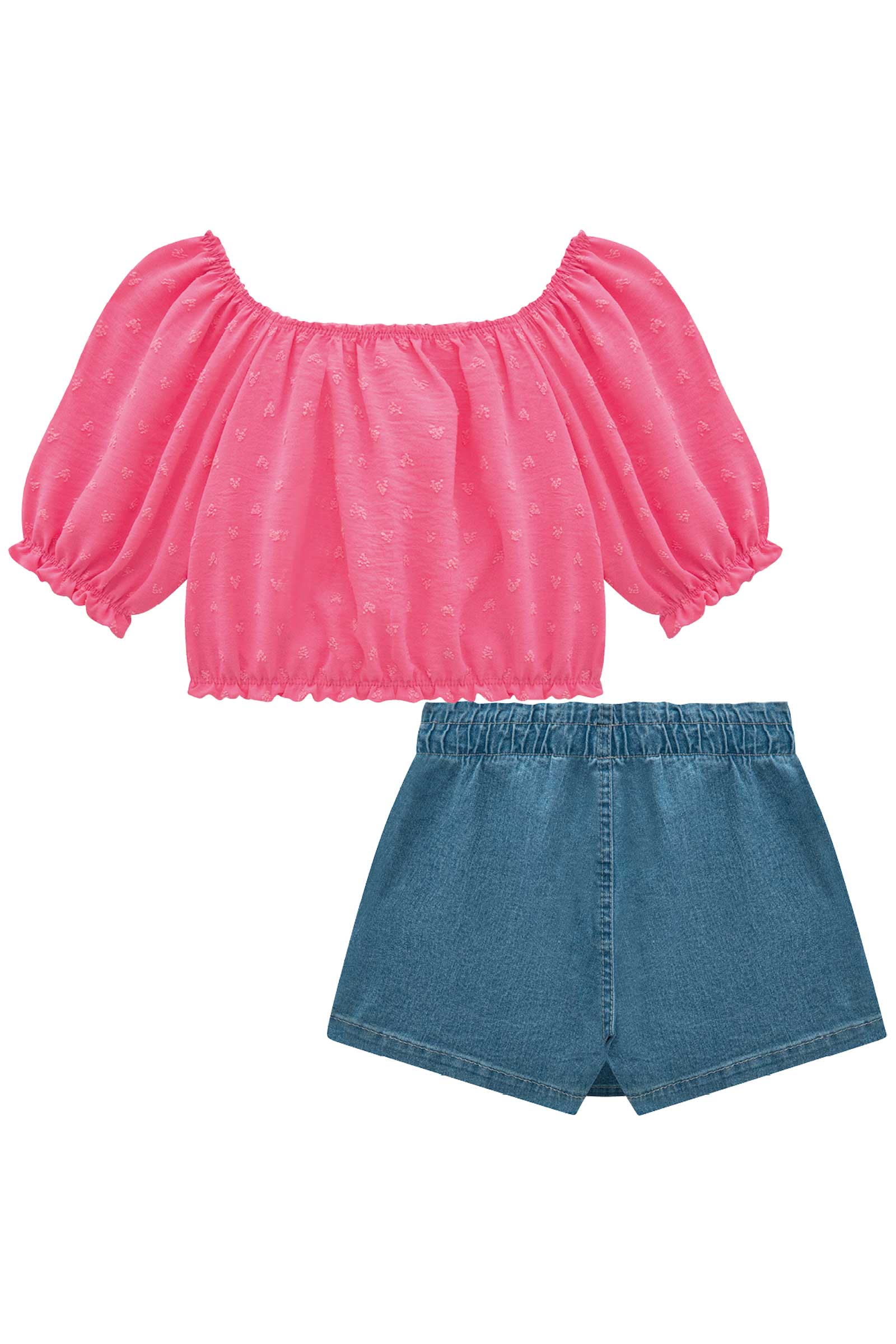 Conjunto Infantil Kukie Verão Shorts Saia Jeans e Blusa Rosa