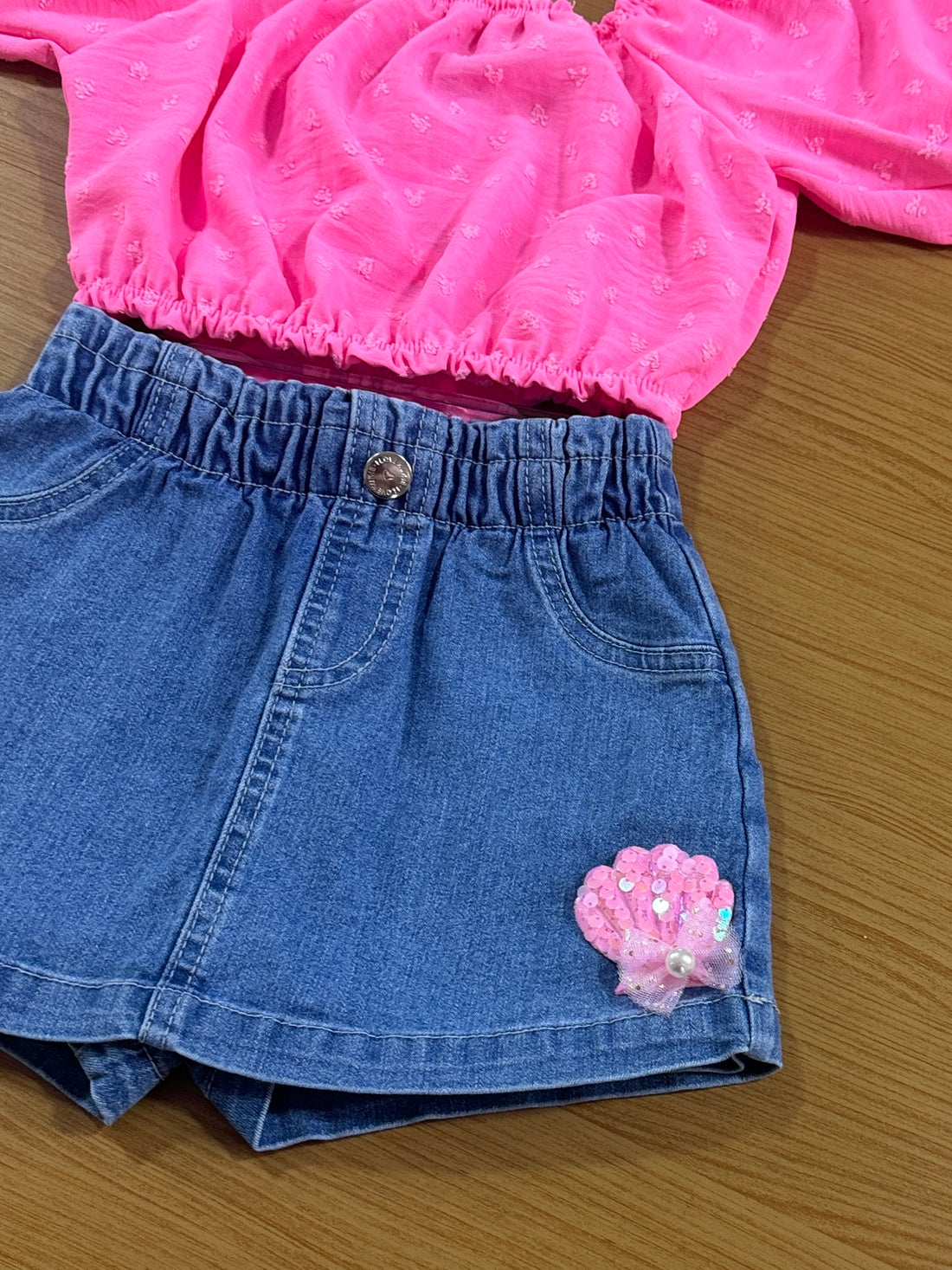 Conjunto Infantil Kukie Verão Shorts Saia Jeans e Blusa Rosa
