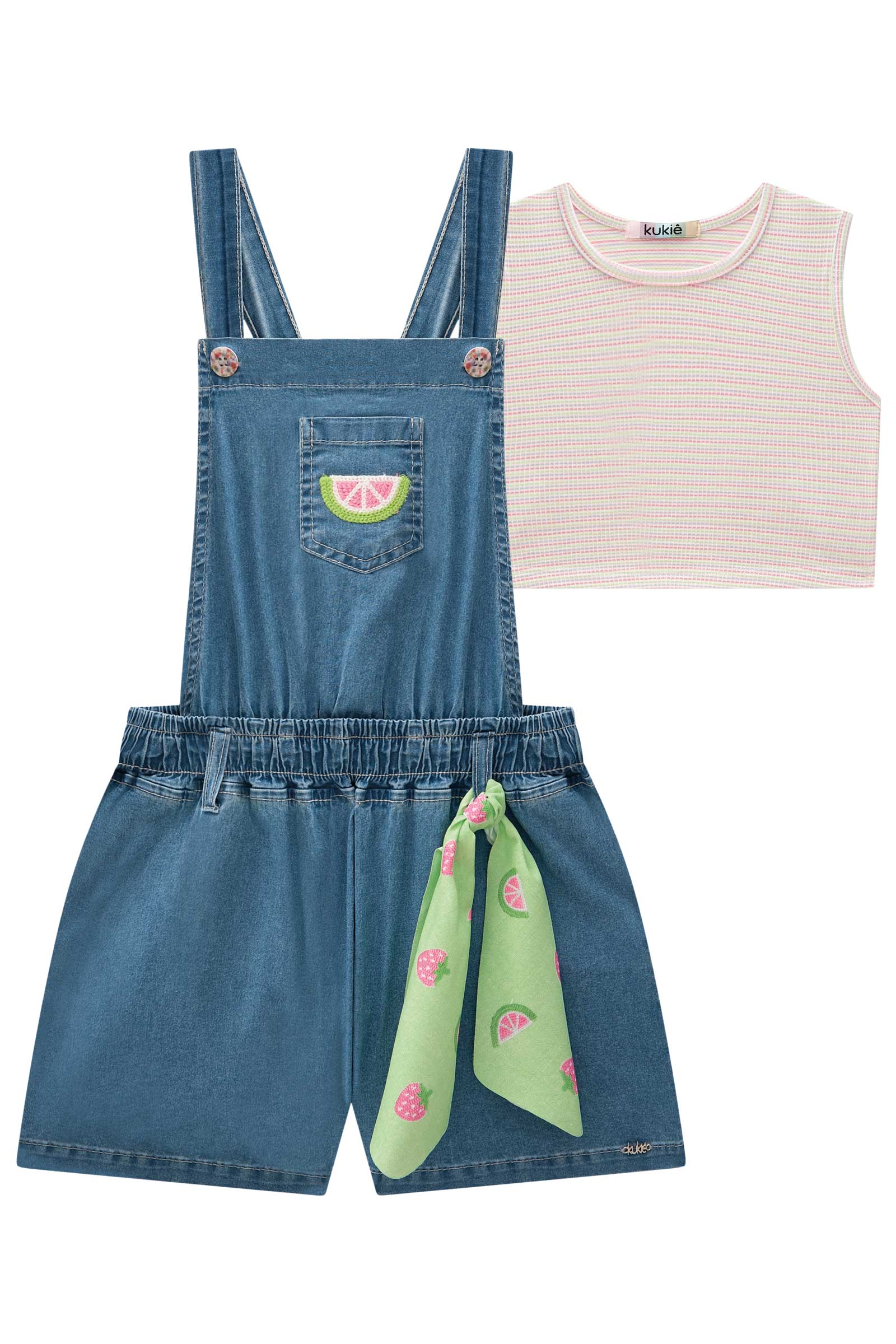 Jardineira Infantil Kukie Verão Jeans Melancia com Cropped