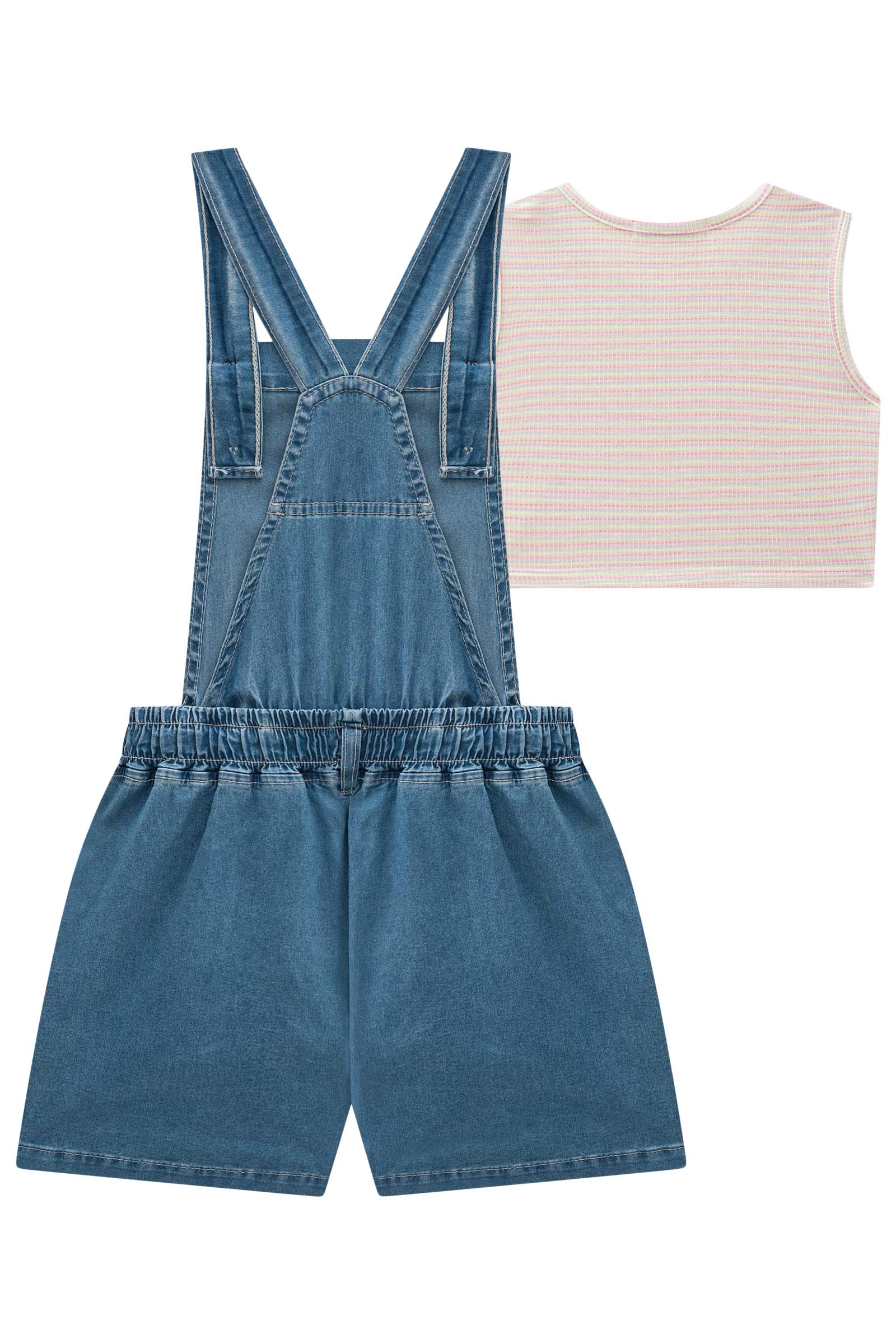 Jardineira Infantil Kukie Verão Jeans Melancia com Cropped