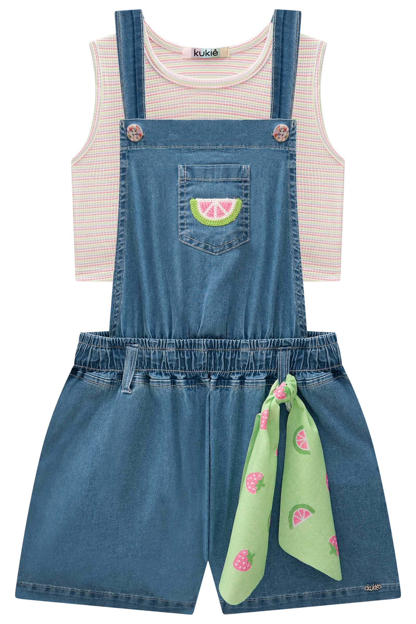 Jardineira Infantil Kukie Verão Jeans Melancia com Cropped