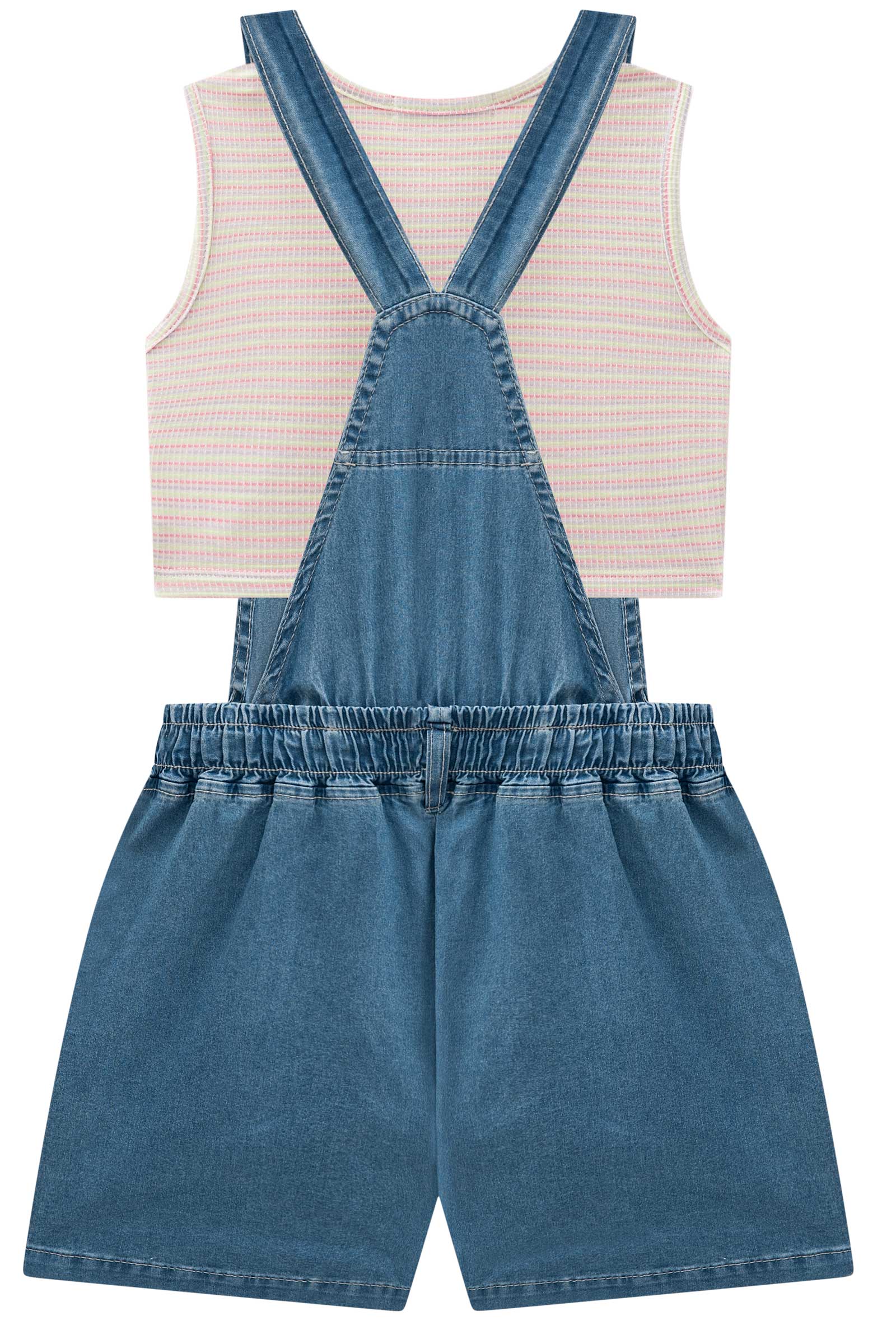 Jardineira Infantil Kukie Verão Jeans Melancia com Cropped