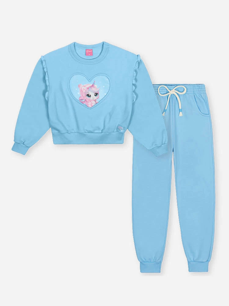 Conjunto Infantil Cinti Inverno com Calça e Moletom Flanelado Azul Unicórnio Coração