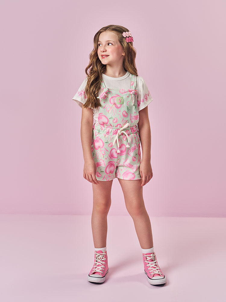 Jardineira Infantil Cinti Verão Verde Docinhos com Blusa Branca