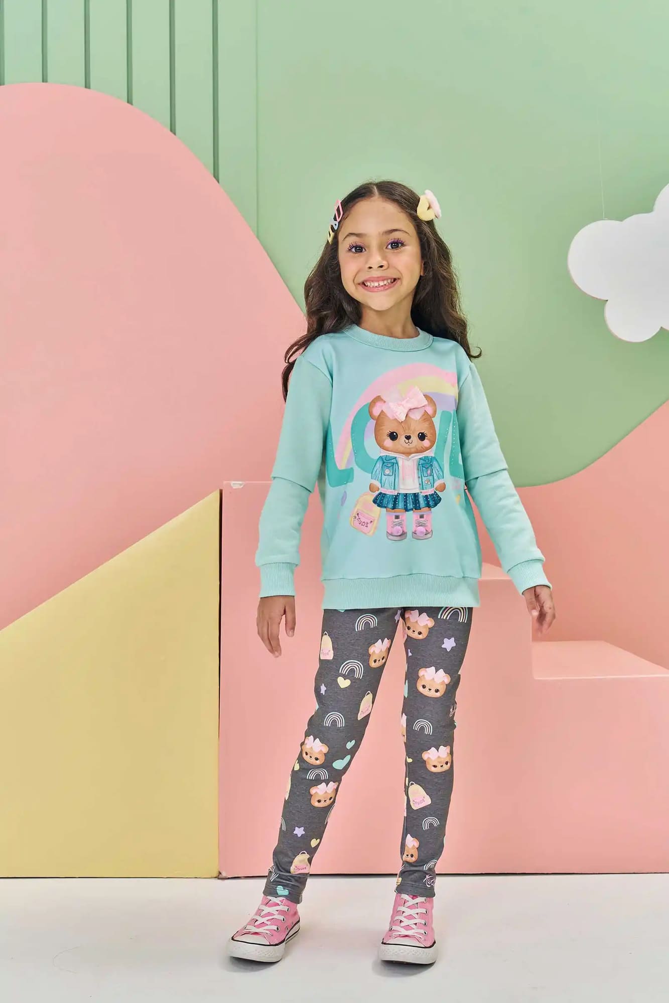Conjunto Infantil Inverno Kukiê com Calça Cinza e Moletom sem Flanela Verde Ursinha Love