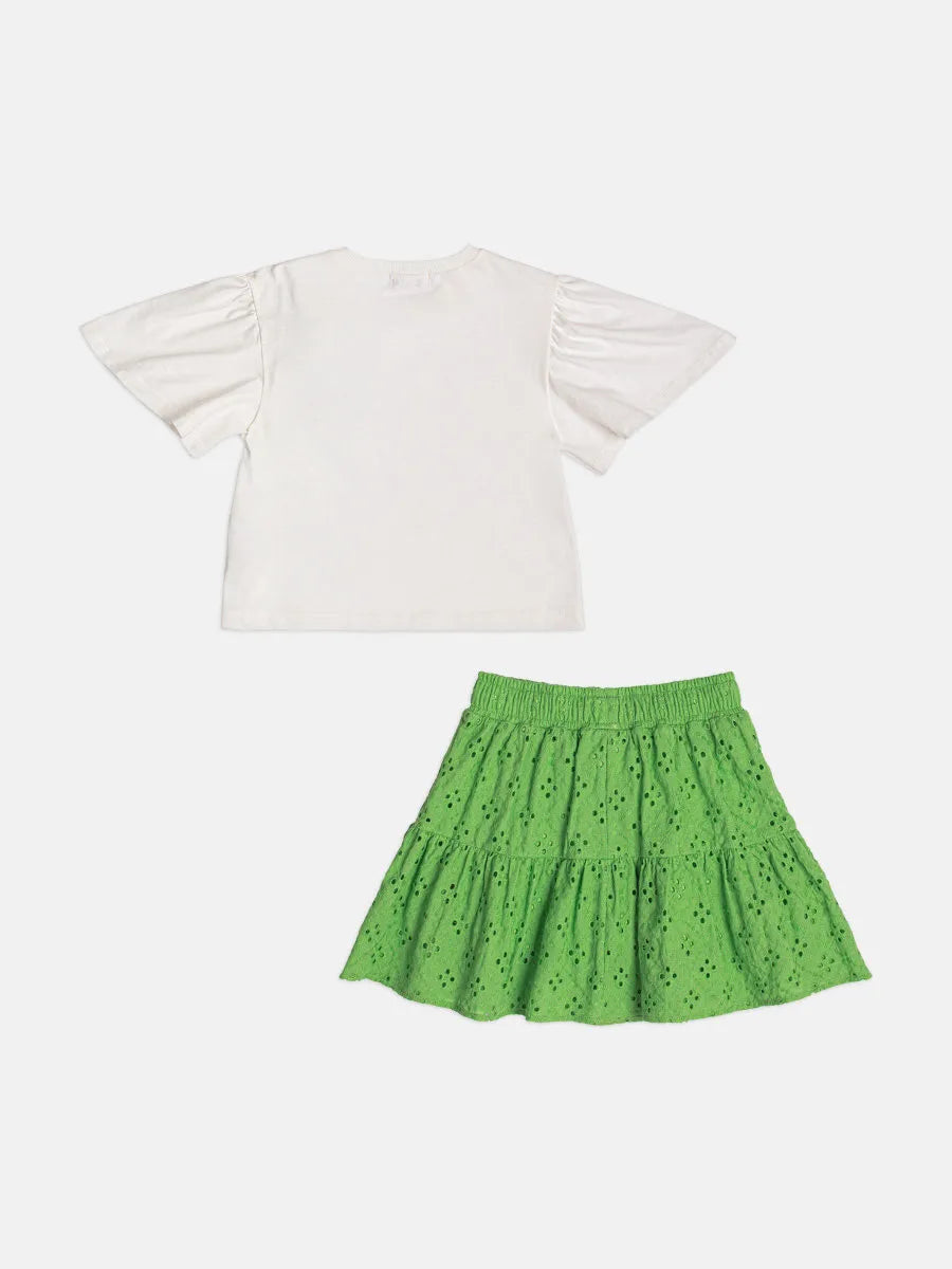 Conjunto Infantil Menina Momi Saia Verde Laise e Blusa Lacinho