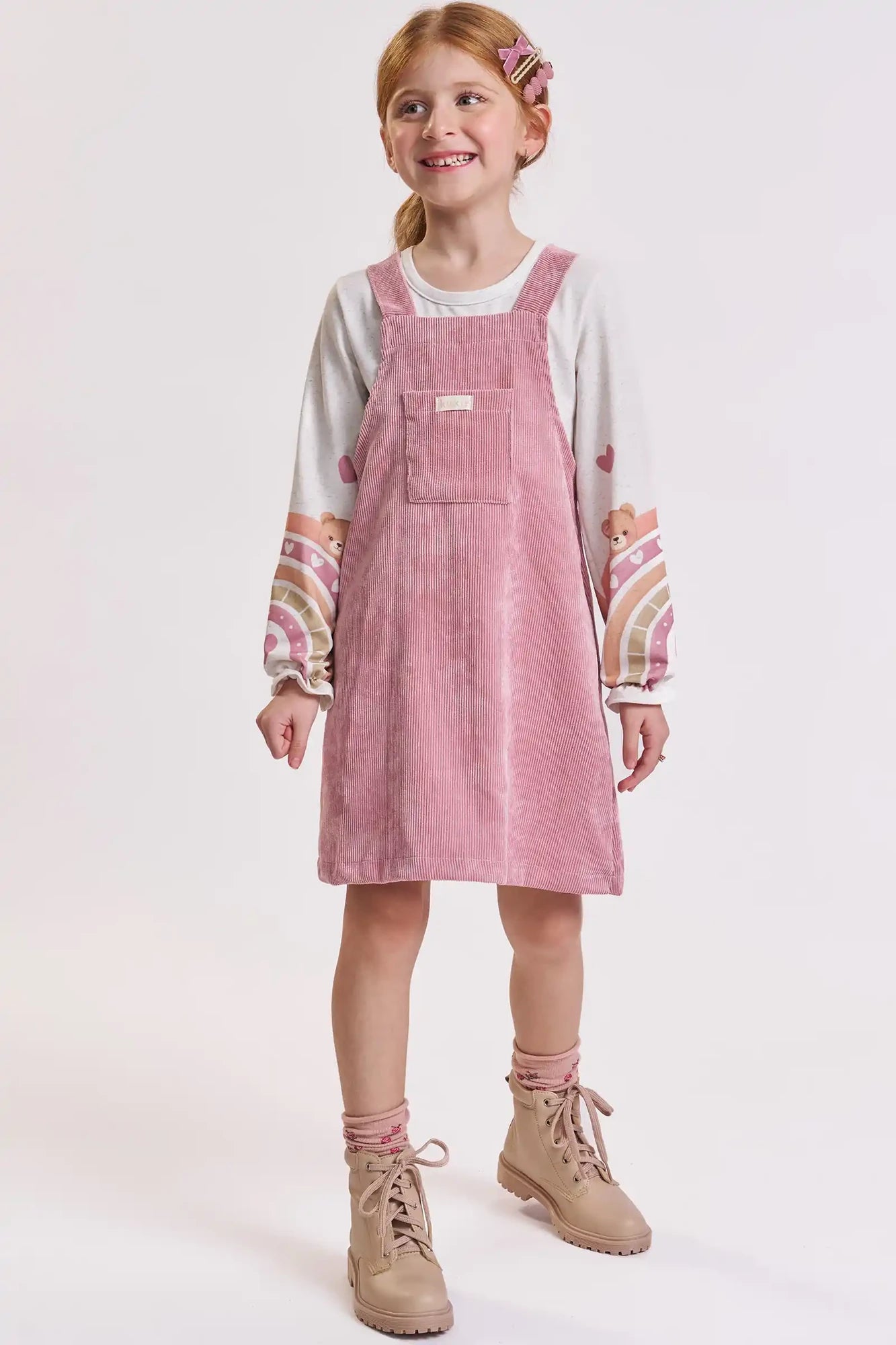 Salopete Infantil Kukiê Inverno Rosa com Blusa Manga Longa Ursinhos